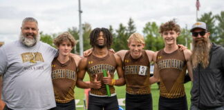 
			
				                                On Monday, May 5 the Western Brown High School boys 4x800 relay team of Brayden Dill, Landon Hall, Lamar Hall and Jude Woodruff broke the school record by an astounding eight seconds with a time of 8:09.34 at the CHCA Invitational while also winning the race. Photo provided
 
			
		