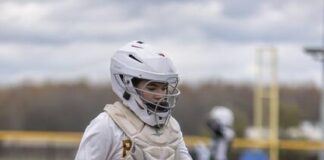 
			
				                                Western Brown catcher Josie Sissel takes her position behind the plate during a game this season. Photo courtesy of Titus Green
 
			
		
