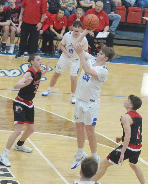 Ripleys Gavin Benjamin launches a shot in the Blue Jays Feb. 19 game against Eastern. Photo by Wade Linville